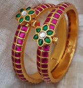 Jadau Bangles Pink And Green Stone Screw Open - BG008